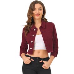 Elevate your wardrobe with the Allegra K Women's Turn Down Cropped Denim Jacket in a striking burgundy hue. This essential piece blends timeless style with modern flair, perfect for versatile styling.

- **Color:** Burgundy
- **Size:** Medium
- **Material:** Denim
- **Gender:** Female
- **Age Group:** Adult
- **Features:** Frayed hem, cropped length, button-down front

Crafted with a washed denim finish and a chic frayed hem, this jacket offers a fresh take on the classic denim jacket. Its cropp Cropped Denim Jacket With Buttons, Long Sleeve Jean Jacket, Maroon Colour, Jacket Crop, Demin Jacket, Jacket Making, Classic Denim Jacket, Jean Jacket Women, Cropped Denim Jacket