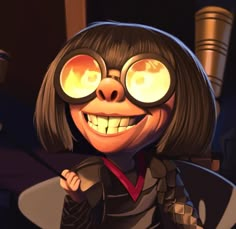 a cartoon character with big eyes and glasses