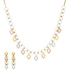 Step into opulent charm of this 22k gold necklace and earring set by Virani Jewelers. This sophisticated 22k multi-tone gold jewelry set is an embodiment of simplistic beauty. Adorn yourself with this celebration of minimal gold jewelry that captivates with a harmonious blend of elegance and opulence. Let every detail of this 22k gold necklace and earring set become a statement of your refined style. Features • 22k yellow gold • 22k white gold • 22k rose gold Necklace Specifications: • Minimum W