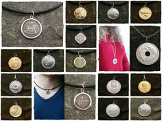 a collage of different types of necklaces and pendants with coins on them