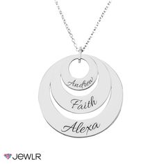 This pendant is modern, stylish and classy. It is a triple loop style round pendant that features three seperate engravings of your choice (one on each circle)! This unique and fun piece of everyday jewelry is ideal for someone who loves fashion and adores their family and friends. Feature your own name and treat yourself, or the names of your children, best friends, soulmate, or any group of people that make your day. This is a trendy and sentimental gift. Heart Shaped Diamond Necklace, Wedding Rings Round, Wedding Earrings Drop, Fine Silver Jewelry, Group Of People, Classy Jewelry, Costume Jewelry Necklaces, Sentimental Gifts, Round Pendant