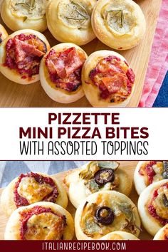 mini pizza bites with assorted toppings on a cutting board