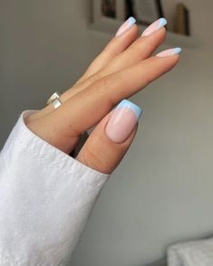 Short Trendy Nails 2023 Summer, Pale Blue Tips Nails, Blue Tip Dip Nails, Vacation Gel Manicure, Light Blue French Tip Nails Short Square, Popular Dip Nails, Baby Shower Blue Nails, Short Baby Shower Nails, Pale Blue French Tip Nails