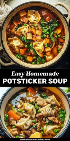 two pictures showing different types of soup in pots with the words easy homemade pot sticker soup