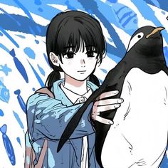 an anime character is hugging a penguin