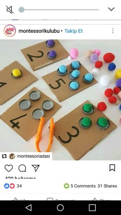 some kind of crafting activity with buttons and scissors on top of a piece of paper