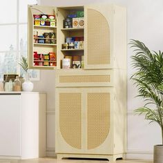 an open cabinet in the corner of a room with a potted plant next to it