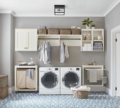 a washer and dryer in a room with blue floor tiles on the floor