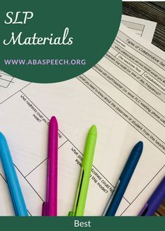 several pens sitting on top of a paper with the words slp materials above it