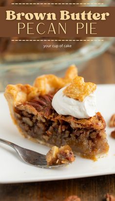 a piece of pecan pie on a white plate