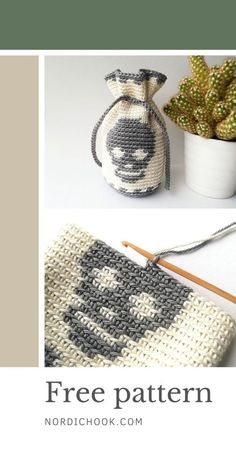 a crocheted bag with the words free pattern next to it and a potted plant