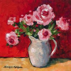 a painting of pink roses in a white vase on a table with a red background