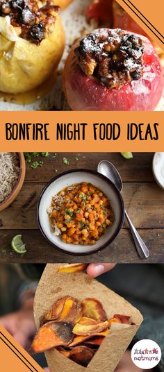 different types of food are shown in this collage with the words bonfire night food ideas