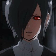 an anime character with red eyes and black hair