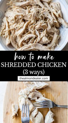 shredded chicken on a cutting board with fork and knife