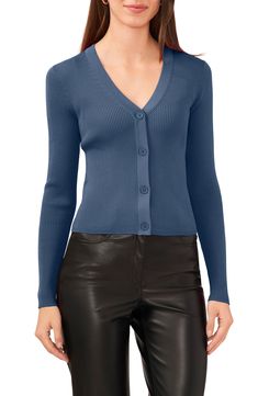 Soft ribbing shapes this front-button cardi knit with a dipped neckline. 20 1/2" length (size Medium) V-neck Long sleeves 46% rayon, 27% polyester, 27% nylon Machine wash, dry flat Imported Fitted Ribbed V-neck Cardigan, Fitted Solid V-neck Cardigan, Fitted V-neck Solid Color Cardigan, Fitted V-neck Sweater With Button Closure, Fitted V-neck Cardigan, Fitted Ribbed Blue Cardigan, Fitted Blue Ribbed Cardigan, Fitted Button-up Blue Cardigan, Fitted V-neck Ribbed Cardigan