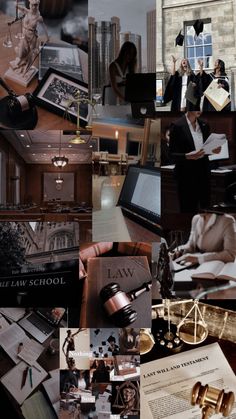 a collage of photos with law related items