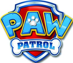 the paw patrol logo is shown in blue and red colors on a white background, with a dog's paw at the center