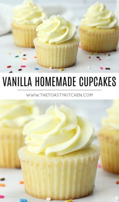 vanilla cupcakes with white frosting and sprinkles on the side