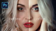 two photoshopped women with red lips and blonde hair, one is before and after her make - up