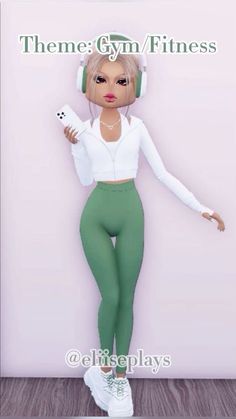 a woman in green pants and headphones is posing for the camera with her hands on her hips