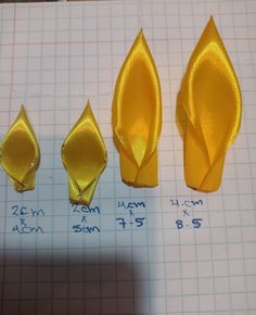 four pieces of yellow fabric are shown on a sheet of paper with measurements for each piece