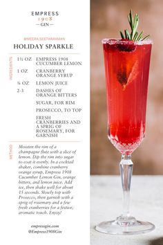 the holiday sparkle cocktail is served in a tall glass with rosemary garnish on top