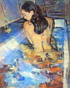 a painting of a woman sitting in a bathtub with her back to the camera