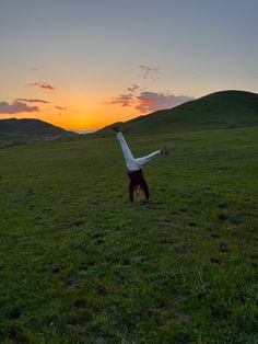 a person doing a handstand in a grassy field with mountains in the background