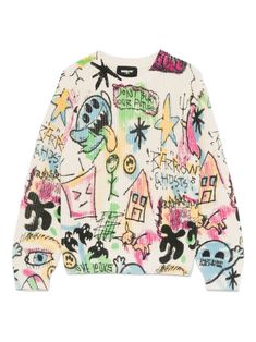 white/multicolour cotton knitted construction graffiti print crew neck long sleeves ribbed cuffs and hem straight hem Alexander Wang Dress, Hogan Shoes, Tom Ford Handbags, Herno Jacket, Italian Luxury Brands, Italian Outfits, Kenzo Kids, Stella Mccartney Kids, Printed Sweater