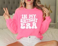 In My Birthday Era Sweatshirt, Birthday Party Shirt, Funny Birthday Shirt, Unisex Birthday Sweatshirt, Unique Birthday Gift, B-Day Party Shirt { S H I R T / D E T A I L S } These t-shirts are Unisex fit & are Made of pre-shrunk 100% ringspun cotton heather colors are 52% cotton, 48% polyester The Sweatshirts are Unisex fit and are normally 50% cotton and 50% polyester Please see images for sizing details. Please refer to the size chart in the listing photos. ❃ For an oversized look, you may want It’s My Birthday Shirt, Fun Birthday Tops With Funny Text, Pink Crew Neck Top For Birthday, Birthday Long Sleeve T-shirt With Text Print, Fun Crew Neck Top For Birthday Gift, Fun Crew Neck Top For Birthday, Fun Long Sleeve Tops For Birthday, Pink Long Sleeve Top For Birthday, Fun Birthday Top With Text Print