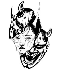 an ink drawing of a woman's face with horns on her head and the word,