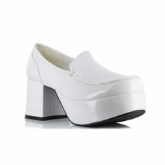 This is a listing for a new pair of 3" White Patent Platform Shoes.  These are a comfortable pair of costume shoes that will add the extra wow factor to any costume idea that you have in mind - PeeWee Herman, Pimp Daddy, Disco Dancer....  They are made by 1031 and the style name is 312-Daddio.  Available colors: Black, Gold, White Available sizes: US man's sizes 8/9, 10/11, 12/13.  The sizing for these shoes runs in doubles, however don't be scared off by that.  Choose your regular size and they White Platform Loafers, Pimp Costume, Decades Costumes, Mens Platform Shoes, Patent Leather Loafers, Costume Shoes, White Platform, Platform Loafers