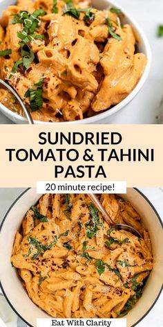 two bowls filled with sundried tomato and tahini pasta next to each other