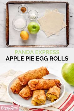 an apple pie egg rolls recipe on a plate with apples and other ingredients in the background