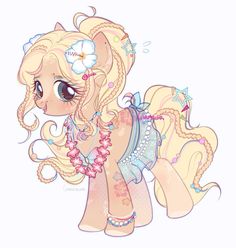 a cartoon pony with long blonde hair and flowers on it's head, standing in front of a white background