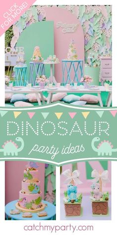 a pink and green dinosaur themed birthday party with lots of cake, decorations and desserts