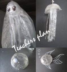 four pictures of plastic bags containing jelly fish