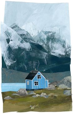 a painting of a blue house with mountains in the back ground and snow on the top