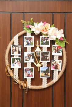 a clock made out of rope with pictures and flowers on the front face, hanging on a wall