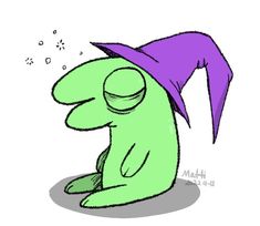 a drawing of a cartoon character with a purple hat on his head and eyes closed