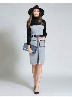 Turtleneck Elastic Loose Long Sleeve Slim Office Dress Winter Knit Bodycon Midi Dress, Casual Winter Bodycon Dress For Work, Fall Knee-length Knit Bodycon Dress, Chic Gray Mini Sweater Dress, Gray Long Sleeve Bodycon Dress For Fall, Chic Gray Winter Dress, Chic Gray Mini Dress For Winter, Winter Workwear Knee-length Mini Dress, Gray Winter Workwear Dresses