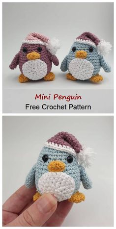 two pictures of small crocheted penguins with hats