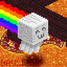 an image of a polar bear with a rainbow in the background on pixellated paper