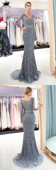 Fitted Gray Dresses With Sweep Train, Fitted Gray Dress With Sweep Train, Gray Fitted Dress With Sweep Train, Gray Fitted Long Sleeve Evening Dress, Mermaid Dresses Formal, Mermaid Prom Dresses Sparkly, Blue Bridesmaid Dresses Short, Prom Dresses Mermaid, Prom Dresses Sparkly