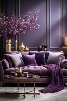 a living room with purple and gold decor