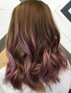 Lavender Hair Streaks Brunette, Red Hair With Purple Tips, Subtle Purple Highlights In Brown Hair, Brunette Peekaboo, Light Brown And Purple Hair, Light Brown Hair With Purple Highlights, Brown Hair With Colored Highlights, Subtle Purple Highlights, Lavender Ombre Hair