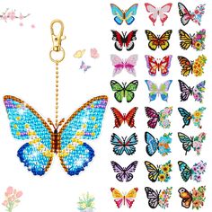 a bunch of butterflies that are on a white background and one has a keychain attached to it