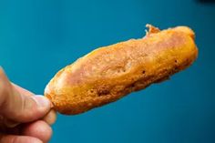 a person holding a piece of fried food in their right hand and the other hand is pointing to it