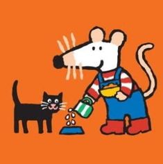 an image of a cartoon mouse pouring water into a cup with a cat standing next to it